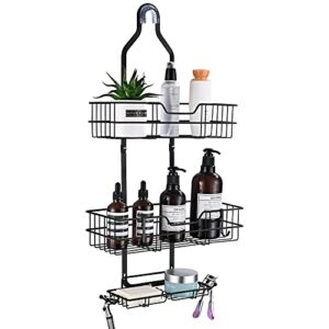 hoomtaook shower caddy over shower head anti-swing shower caddy hanging rustproof shower organizer, shower storage rack with hooks for shampoo, razor and soap - black