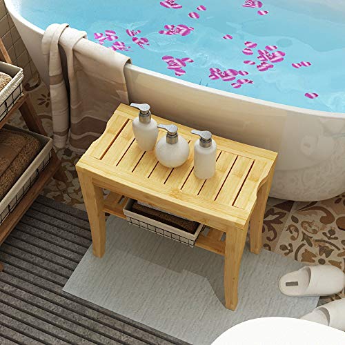 sogesfurniture Bamboo Shower Bench Seat Bathroom Waterproof Shower Chair with Storage Shelf Organizer, Bamboo