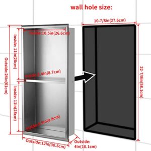 Sanbege 12"×24" Shower Niche with Divider, Brushed Stainless Steel Bathroom Shelf Insert, Double Recessed Shower Caddy Fits for 10-7/8" x 22-7/8" Wall Hole Installation (Nickel)