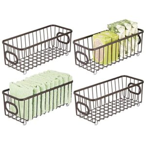 mdesign metal basket bin for bathroom storage - small farmhouse wire organizer basket - wire storage bin for counter, toilet tank, under sink, and shelf - unity collection - 4 pack - bronze