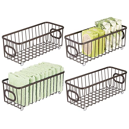 mDesign Metal Basket Bin for Bathroom Storage - Small Farmhouse Wire Organizer Basket - Wire Storage Bin for Counter, Toilet Tank, Under Sink, and Shelf - Unity Collection - 4 Pack - Bronze