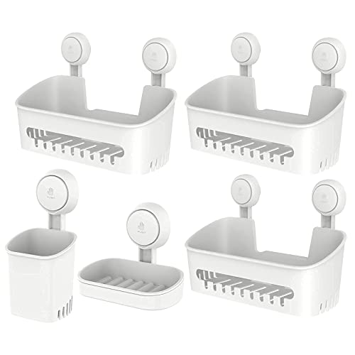 LEVERLOC Shower Caddy Suction Cup Set Shower Shelf Shower Basket - Packs of 5,One Second Installation NO-Drilling Removable Suction Shower Organizer Powerful Waterproof Bathroom Caddy Organizer White