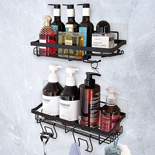 Shower Caddy Shelf Organizer Storage Rack (2-Packs), Adhesive Black Bathroom Accessories Basket Shelves with 13 Hooks & 2 Removable Hooks, No Drilling Wall Mount Shower Storage Accessories