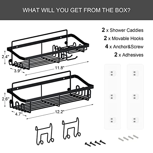 Shower Caddy Shelf Organizer Storage Rack (2-Packs), Adhesive Black Bathroom Accessories Basket Shelves with 13 Hooks & 2 Removable Hooks, No Drilling Wall Mount Shower Storage Accessories