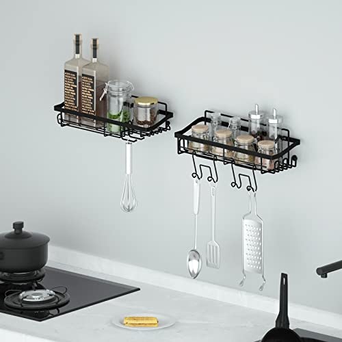 Shower Caddy Shelf Organizer Storage Rack (2-Packs), Adhesive Black Bathroom Accessories Basket Shelves with 13 Hooks & 2 Removable Hooks, No Drilling Wall Mount Shower Storage Accessories