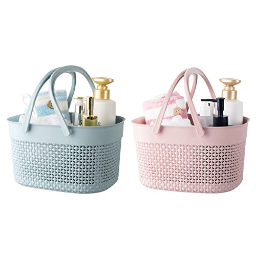 rejomiik Portable Shower Caddy Basket, Plastic Organizer Storage Tote with Handles Blue+Pink