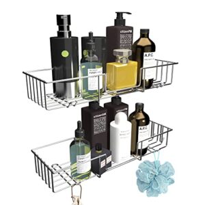 adhesive shower shelves with 6 hooks,shower caddy wall mounted shampoo holder,no drilling rustproof sus 304 stainless steel bathroom shower organizer storage for bathroom ,toilet and kitchen -2 pack