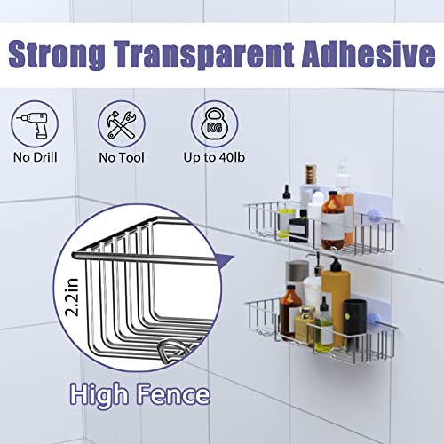 Adhesive Shower Shelves with 6 Hooks,Shower Caddy Wall Mounted Shampoo Holder,No Drilling Rustproof SUS 304 Stainless Steel Bathroom Shower Organizer Storage for Bathroom ,Toilet and Kitchen -2 Pack