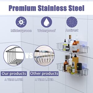 Adhesive Shower Shelves with 6 Hooks,Shower Caddy Wall Mounted Shampoo Holder,No Drilling Rustproof SUS 304 Stainless Steel Bathroom Shower Organizer Storage for Bathroom ,Toilet and Kitchen -2 Pack