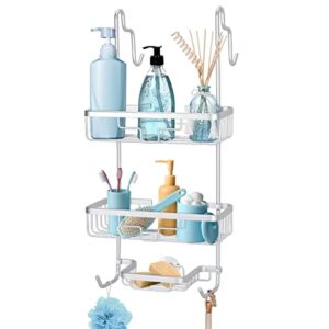 duwee over the door shower caddy, neverrust aluminum over the shower door caddy, hanging shower caddy for shampoo conditioner, 3 tier bathroom shelf organizer with hooks for razors towels (silver)