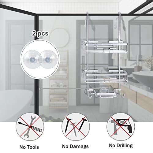 Duwee Over The Door Shower Caddy, NeverRust Aluminum Over the Shower Door Caddy, Hanging Shower Caddy for Shampoo Conditioner, 3 Tier Bathroom Shelf Organizer with Hooks for Razors Towels (silver)
