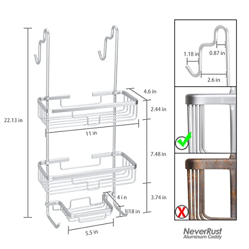 Duwee Over The Door Shower Caddy, NeverRust Aluminum Over the Shower Door Caddy, Hanging Shower Caddy for Shampoo Conditioner, 3 Tier Bathroom Shelf Organizer with Hooks for Razors Towels (silver)