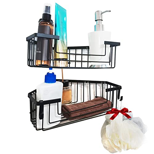 FULL TREND Corner Shower Caddy, 2Pack Shower Organizer Shelves with 6 Adhesive Hooks, No Drilling Shower Shelf Organizer Rustproof Storage Rack for Bathroom, Toilet, Kitchen (Black)