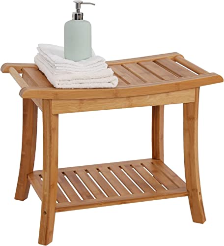 Bamboo Spa Bath Shower Bench Stool Seat with Storage Shelf Organizer Stool Bench Seat with Non-Slip Foot Shower Bath Seats