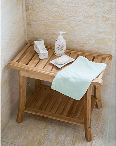 Bamboo Spa Bath Shower Bench Stool Seat with Storage Shelf Organizer Stool Bench Seat with Non-Slip Foot Shower Bath Seats