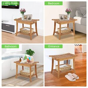 Bamboo Spa Bath Shower Bench Stool Seat with Storage Shelf Organizer Stool Bench Seat with Non-Slip Foot Shower Bath Seats