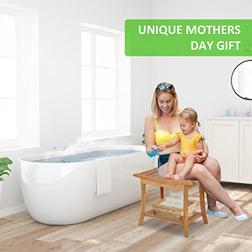 Bamboo Spa Bath Shower Bench Stool Seat with Storage Shelf Organizer Stool Bench Seat with Non-Slip Foot Shower Bath Seats