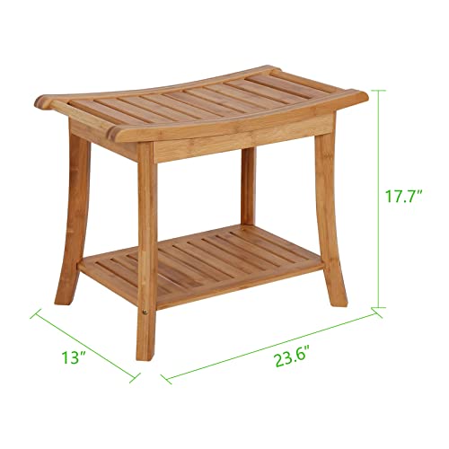 Bamboo Spa Bath Shower Bench Stool Seat with Storage Shelf Organizer Stool Bench Seat with Non-Slip Foot Shower Bath Seats