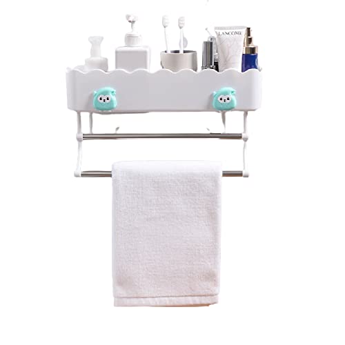 AOOF Bathroom Storage Bag Sticky Rack with Towel bar Wall-Mounted Floating Rack Corner Suction Head Shampoo Shower Rack [15.35 inches] White