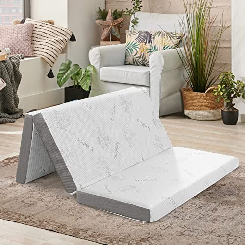 Giantex Folding Mattress, 4 Inch Gel-Infused Tri-fold Mattress with Bamboo Cover & Carry Bag, CertiPUR-US Certified, Foldable Cooling Mattress Topper for Guest Room Dorm RV Camp Floor, Full