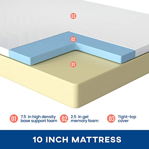 6/8/10/12 inch Gel Memory Foam Mattress for Cool Sleep & Pressure Relief, Medium Firm Mattresses CertiPUR-US Certified/Bed-in-a-Box/Pressure Relieving (10 in, Full) White