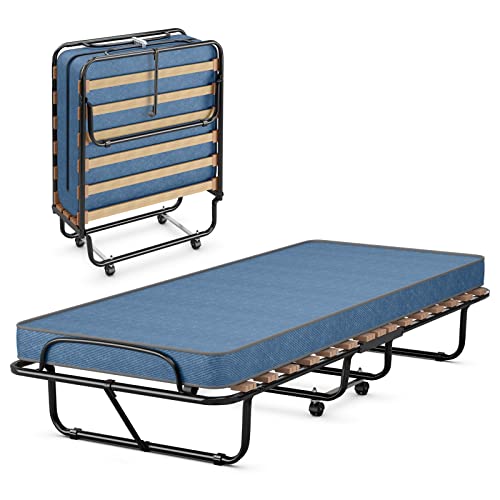 Giantex Folding Bed with 3" Mattress for Adults, Made in Italy, Rolling Foldaway Guest Bed, Memory Foam Mattress, Sturdy Metal Frame, Cot Size Portable Foldable Hideaway Bed, Easy to Store (Blue)