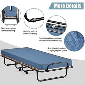 Giantex Folding Bed with 3" Mattress for Adults, Made in Italy, Rolling Foldaway Guest Bed, Memory Foam Mattress, Sturdy Metal Frame, Cot Size Portable Foldable Hideaway Bed, Easy to Store (Blue)