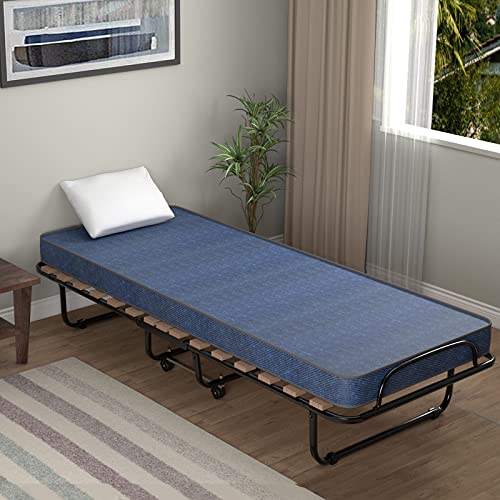 Giantex Folding Bed with 3" Mattress for Adults, Made in Italy, Rolling Foldaway Guest Bed, Memory Foam Mattress, Sturdy Metal Frame, Cot Size Portable Foldable Hideaway Bed, Easy to Store (Blue)