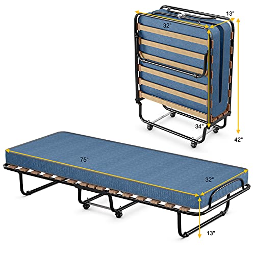 Giantex Folding Bed with 3" Mattress for Adults, Made in Italy, Rolling Foldaway Guest Bed, Memory Foam Mattress, Sturdy Metal Frame, Cot Size Portable Foldable Hideaway Bed, Easy to Store (Blue)