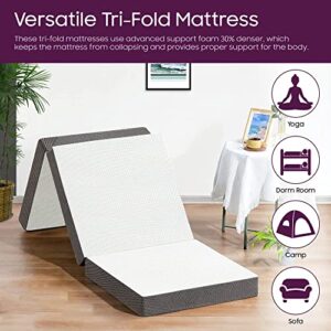 Mayton 3-Inch Portable Tri-Folding Capability Gel Memory Foam Mattress | Breathable Mesh Sides, Ultra Soft, Removable and Washable Cover, Comfortable Support, Cot Pad, Standard Size, 31-Inch, White