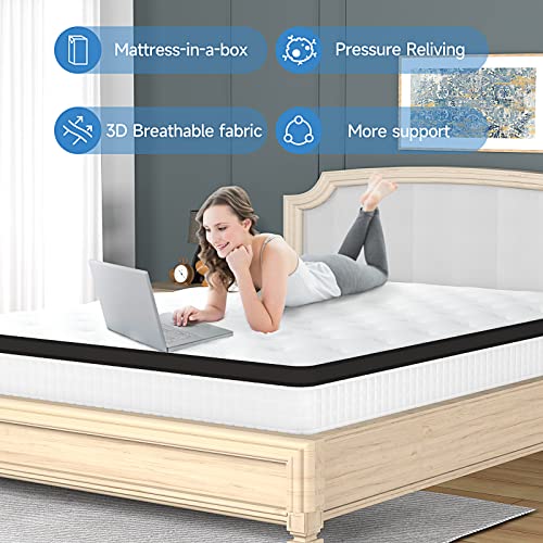 wowttrelax Queen Mattress 12 Inch, Hybrid Memory Foam Mattress, Pocket Innerspring Mattress in a Box, 9-Zone Orthopedic Double Mattress Queen Size for Back Pain, Pressure Relief, Medium Firm