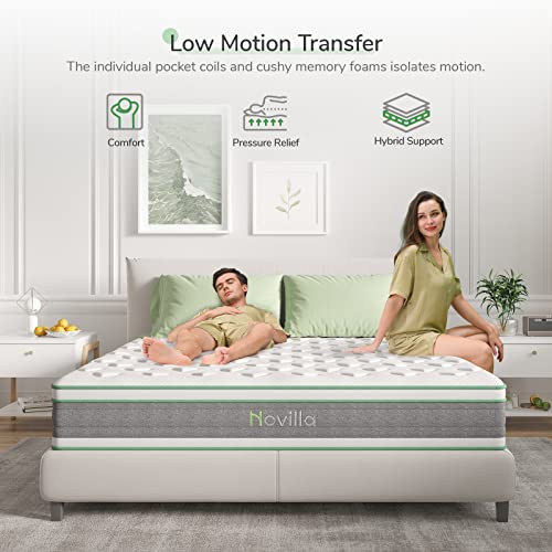 Novilla King Size Mattress, 10 Inch Hybrid Mattress in a Box, Individually Wrapped Pocket Coils Innerspring Mattress for Motion Isolation, Pillow Top Mattress with Medium Firm Feel, Groove