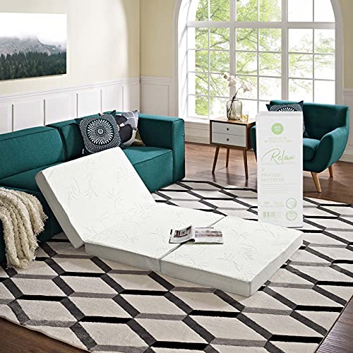 Modway Relax Tri-Fold Mattress CertiPUR-US Certified with Soft Removable Cover and Nonslip Bottom, 39inch x 75inch x 4inch, Twin