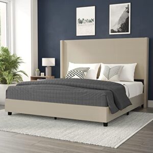 bizchair king upholstered platform bed with channel stitched wingback headboard, mattress foundation with slatted supports, no box spring needed, beige