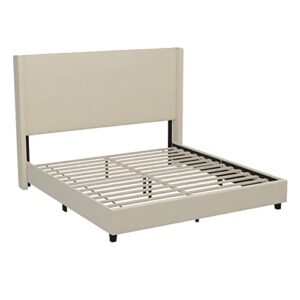 BizChair King Upholstered Platform Bed with Channel Stitched Wingback Headboard, Mattress Foundation with Slatted Supports, No Box Spring Needed, Beige