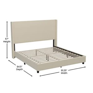 BizChair King Upholstered Platform Bed with Channel Stitched Wingback Headboard, Mattress Foundation with Slatted Supports, No Box Spring Needed, Beige