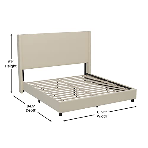 BizChair King Upholstered Platform Bed with Channel Stitched Wingback Headboard, Mattress Foundation with Slatted Supports, No Box Spring Needed, Beige