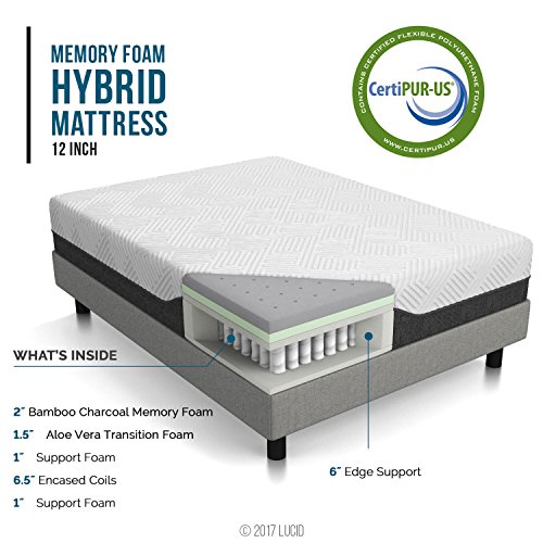 LUCID L150 Bed Base – Wireless Remote Control Adjustable, Twin XL, Charcoal & 12 Inch Twin XL Hybrid Mattress - Bamboo Charcoal and Aloe Vera Infused Memory Foam - CertiPUR-US Certified