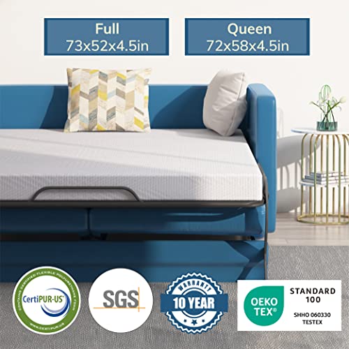 EGOHOME Queen Memory Foam Replacement Mattress Sleeper 4.5-Inch for Convertible Sleeper Sofa and Couch Beds, Cooling Gel Green Tea Mattress in a Box, 72”×58”×4.5”, Sofa Not Included
