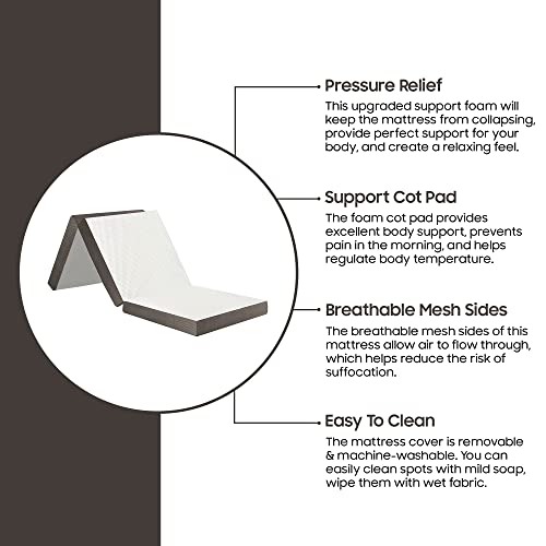 Treaton 3-Inch Tri-Folding Gel Memory Foam Portable Floor Mattress | Breathable Mesh, Ultra Soft, Cot Pad, Removable and Washable Cover, Comfortable Support, Therapeutic Qualities, 31-Inch, White