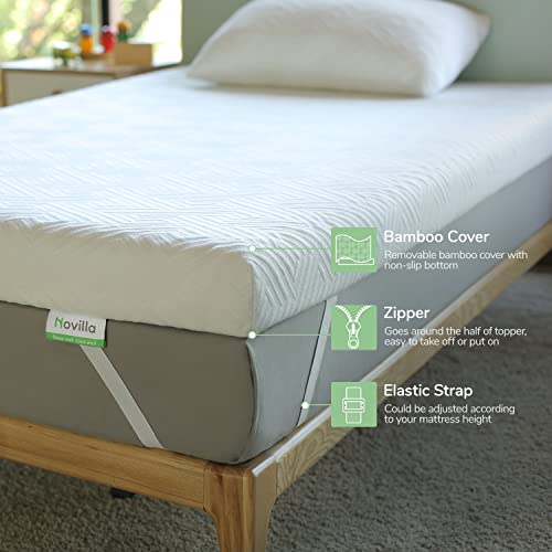 Novilla Mattress Topper Queen,4 "Medium Firm Memory Foam, Gel & Bamboo Charcoal Infused for Motion Isolation & Pressure Relieving, with Breathable Bamboo Cover, Queen Size, White (AC-NV0T801-4-Q)