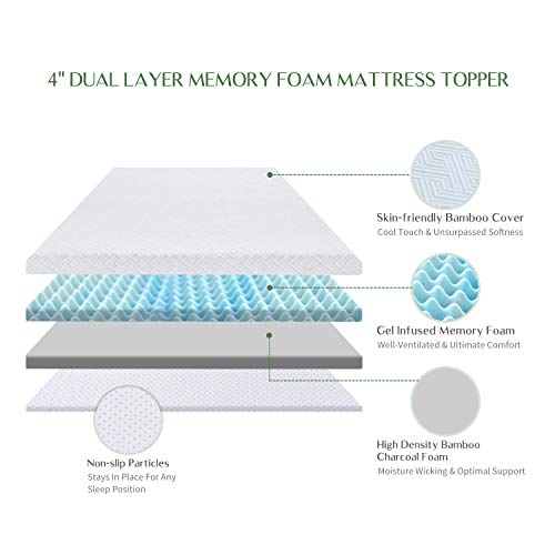 Novilla Mattress Topper Queen,4 "Medium Firm Memory Foam, Gel & Bamboo Charcoal Infused for Motion Isolation & Pressure Relieving, with Breathable Bamboo Cover, Queen Size, White (AC-NV0T801-4-Q)