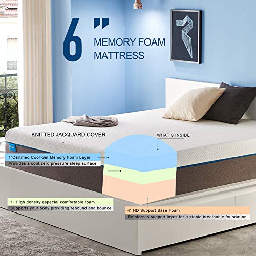 JINGWEI Narrow Twin Mattress 6 Inches Cooling-Gel Memory Foam Mattress Bed in a Box, Certified Foam, Pressure Relief Supportive, Medium Firm Narrow Twin Size Mattress, 30X 75 X 6inches