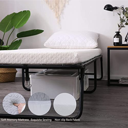 LEISUIT Rollaway Guest Bed Cot Fold Out Bed - Portable Folding Bed Frame with Thick Memory Foam Mattress for Spare Bedroom & Office White+Hanging Storage Bag(L)