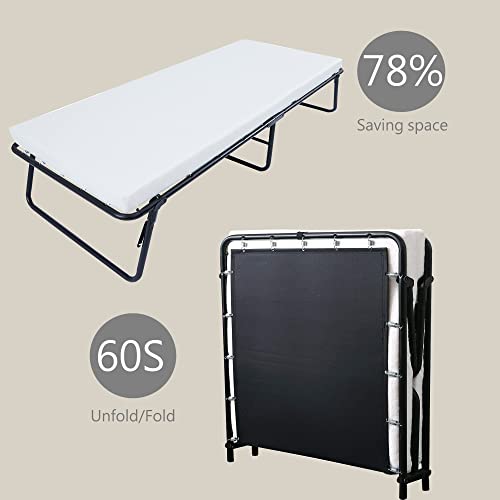 LEISUIT Rollaway Guest Bed Cot Fold Out Bed - Portable Folding Bed Frame with Thick Memory Foam Mattress for Spare Bedroom & Office White+Hanging Storage Bag(L)
