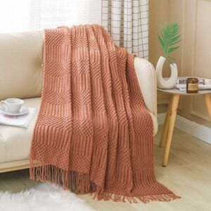 pandahome textured throw blanket soft vintage decorative knitted blanket for couch, bed, farmhouse and home decor, 51" x 67", terracotta