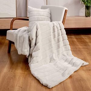 Cozy Bliss Luxury Super Soft Striped Faux Fur Throw Blanket for Couch, 50"x60" Beige, Warm Milky Plush Blanket for Sofa Bed Living Room Bedroom (Stripe-Beige)