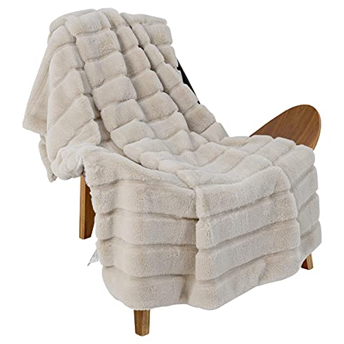 Cozy Bliss Luxury Super Soft Striped Faux Fur Throw Blanket for Couch, 50"x60" Beige, Warm Milky Plush Blanket for Sofa Bed Living Room Bedroom (Stripe-Beige)