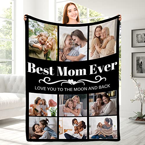 Best Mom Ever Custom Blanket, Birthday Gifts for Mom from Daughter Son with Pictures, Customized Photo Collage Mother Blankets Wife Birthday Gifts, Personalized Flannel Blanket with Photo as a Gift