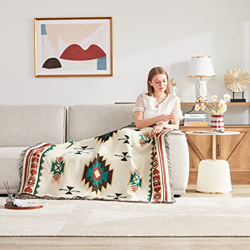 Touchat Native American Blanket Western Decor Boho Throw Blanket for Sofa, Mexican Decorative Farmhouse Blanket, Southwest Decor Woven Blanket, Aztec Throw Blankets with Tassel(Beige,50×60 inch)